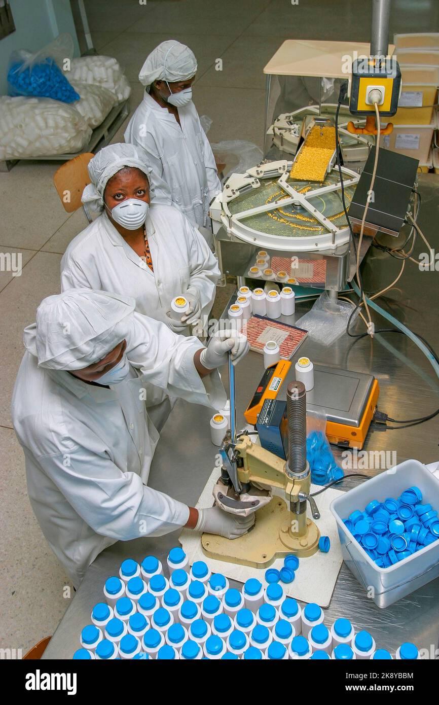 Ghana, Accra. Production line and female workers of Phyto Riker ...