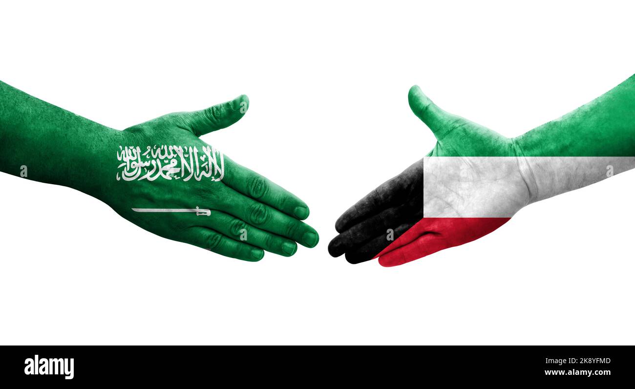 Handshake between kuwait and saudi arabia flags painted on hands