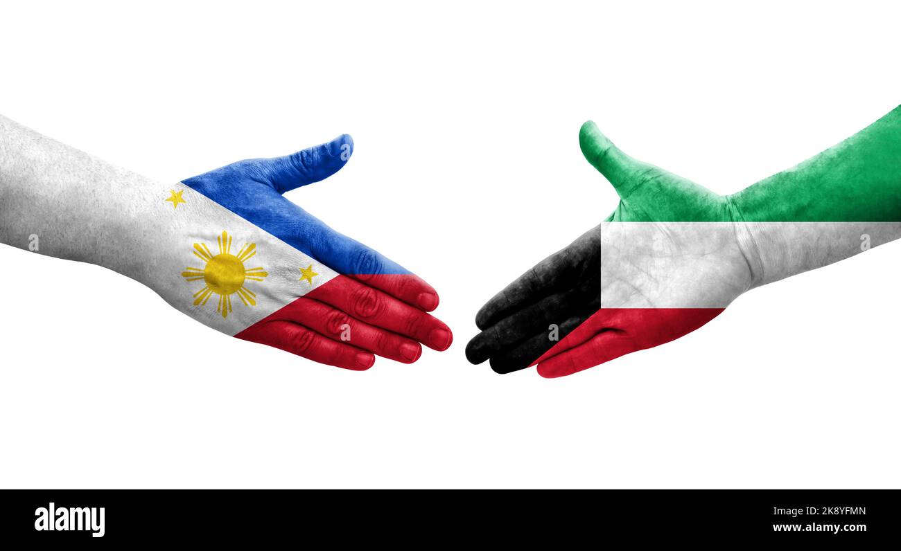 Handshake between Kuwait and Philippines flags painted on hands