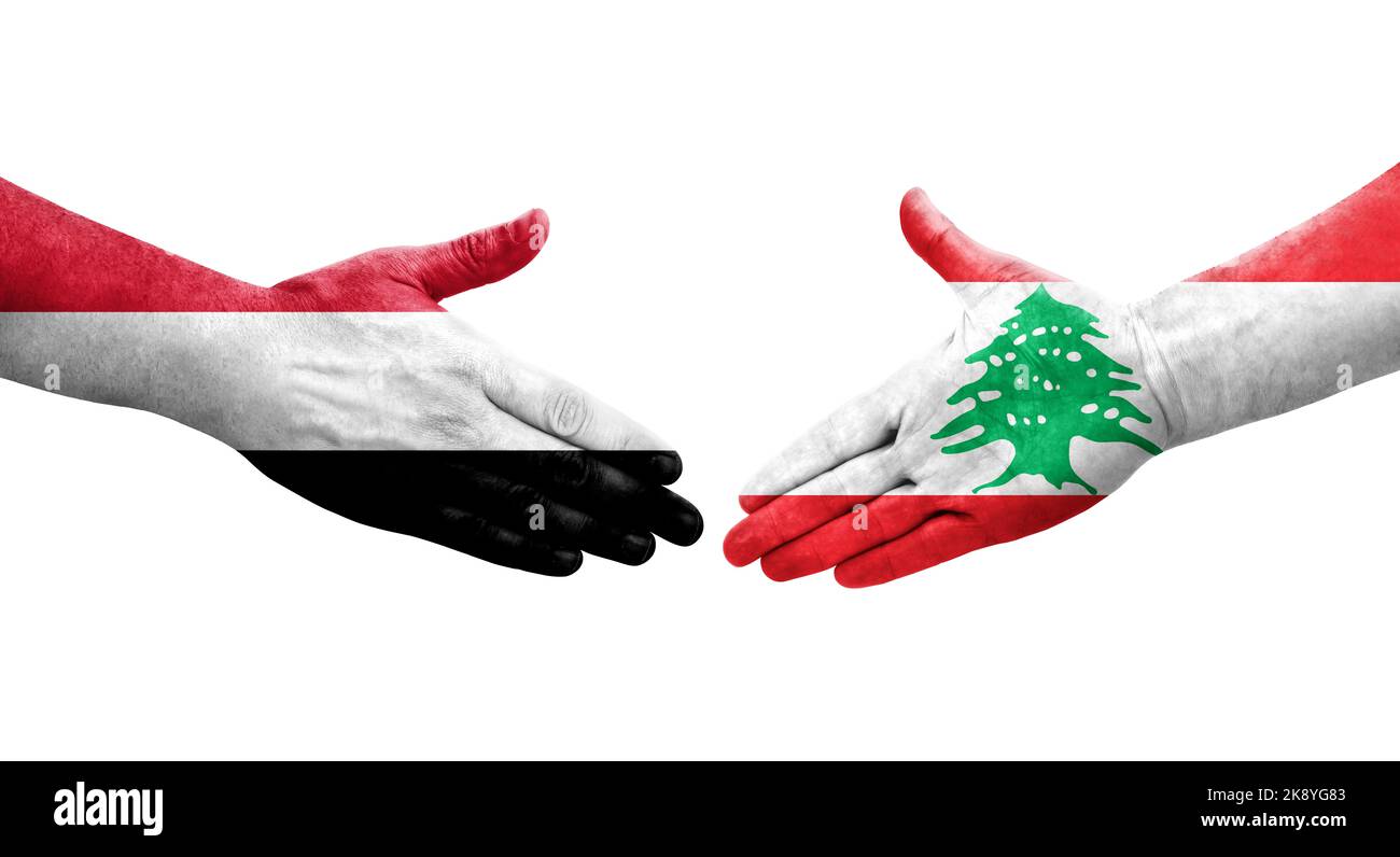 Handshake Between Lebanon And Yemen Flags Painted On Hands Isolated handshake-between-lebanon-and-yemen-flags-painted-on-hands-isolated