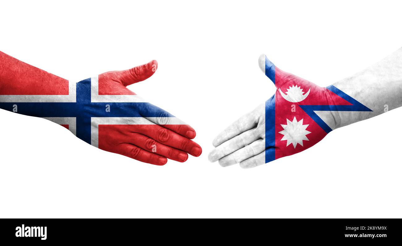 Handshake between Nepal and Norway flags painted on hands, isolated ...