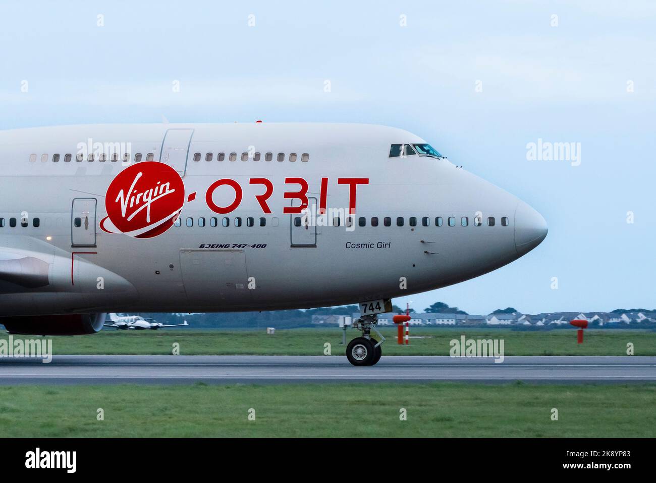 The long awaited arrival of the Virgin Orbit, Cosmic Girl, a 747-400 converted to a rocket launch platform at the Spaceport Cornwall in Newquay, Engla Stock Photo