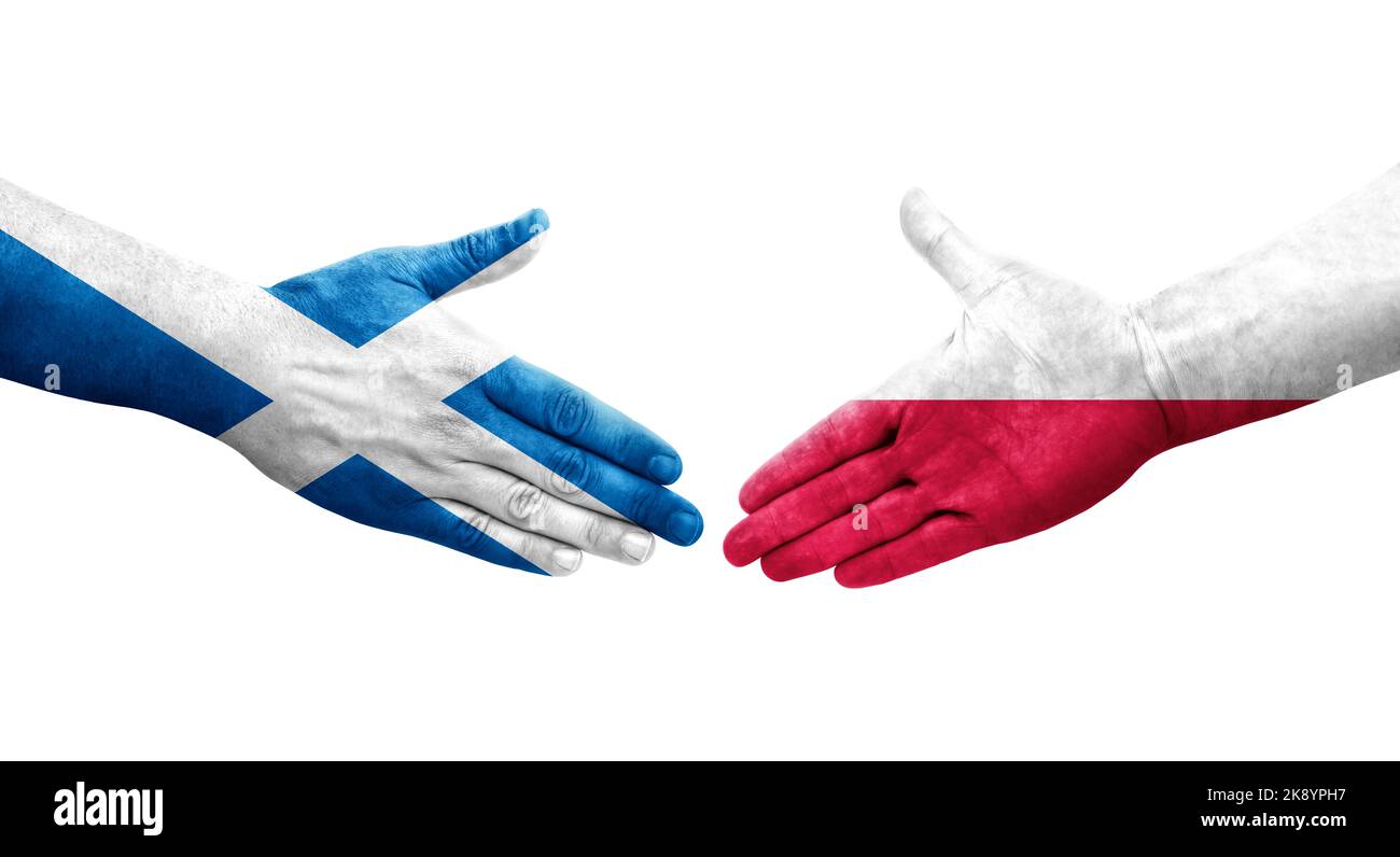 Handshake between Poland and Scotland flags painted on hands, isolated ...