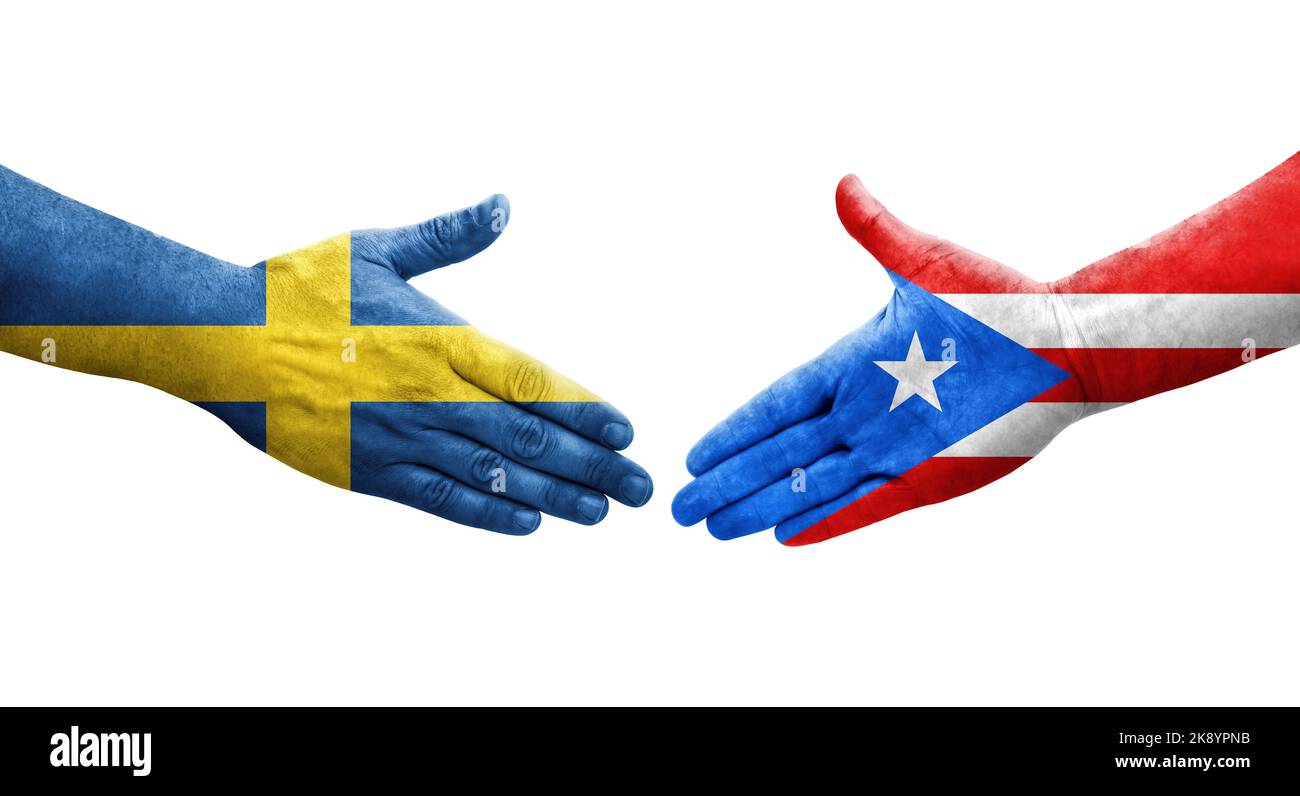 Handshake between Puerto Rico and Sweden flags painted on hands