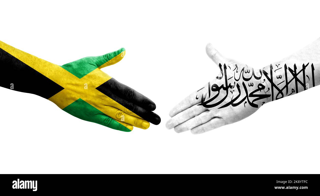 Handshake between South Africa and Jamaica flags painted on hands