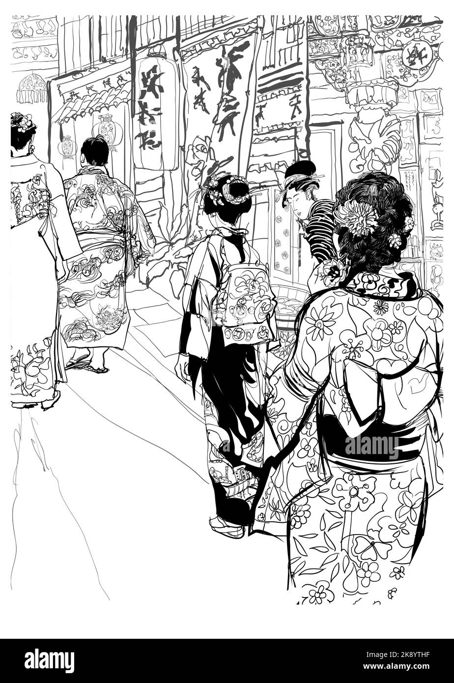 Japan, street in japan with people in traditional clothing - vector illustration  (japanese caracters are fake - no meaning)  (Ideal for printing, pos Stock Vector