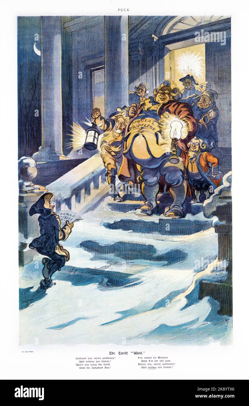 PUCK spread - The tariff 'wait' - Udo Keppler artwork 1908 Stock Photo