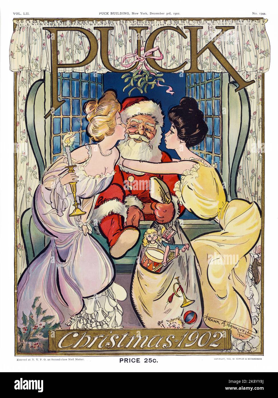 Puck Christmas cover 1902 - Frank A. Nankivell 1902 - Illustration shows two young women kissing Santa Claus as he enters through a window with his bag of toys Stock Photo