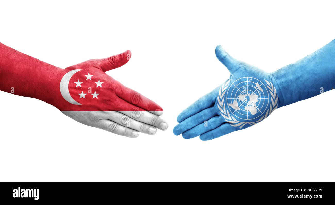 Handshake between United Nations and Singapore flags painted on hands