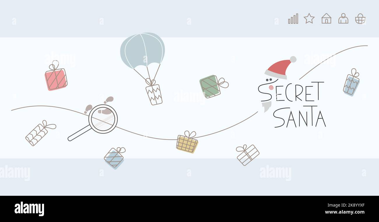 Template of banner, page with simple line vector illustration about Secret Santa event. Gift delivering. Stock Vector