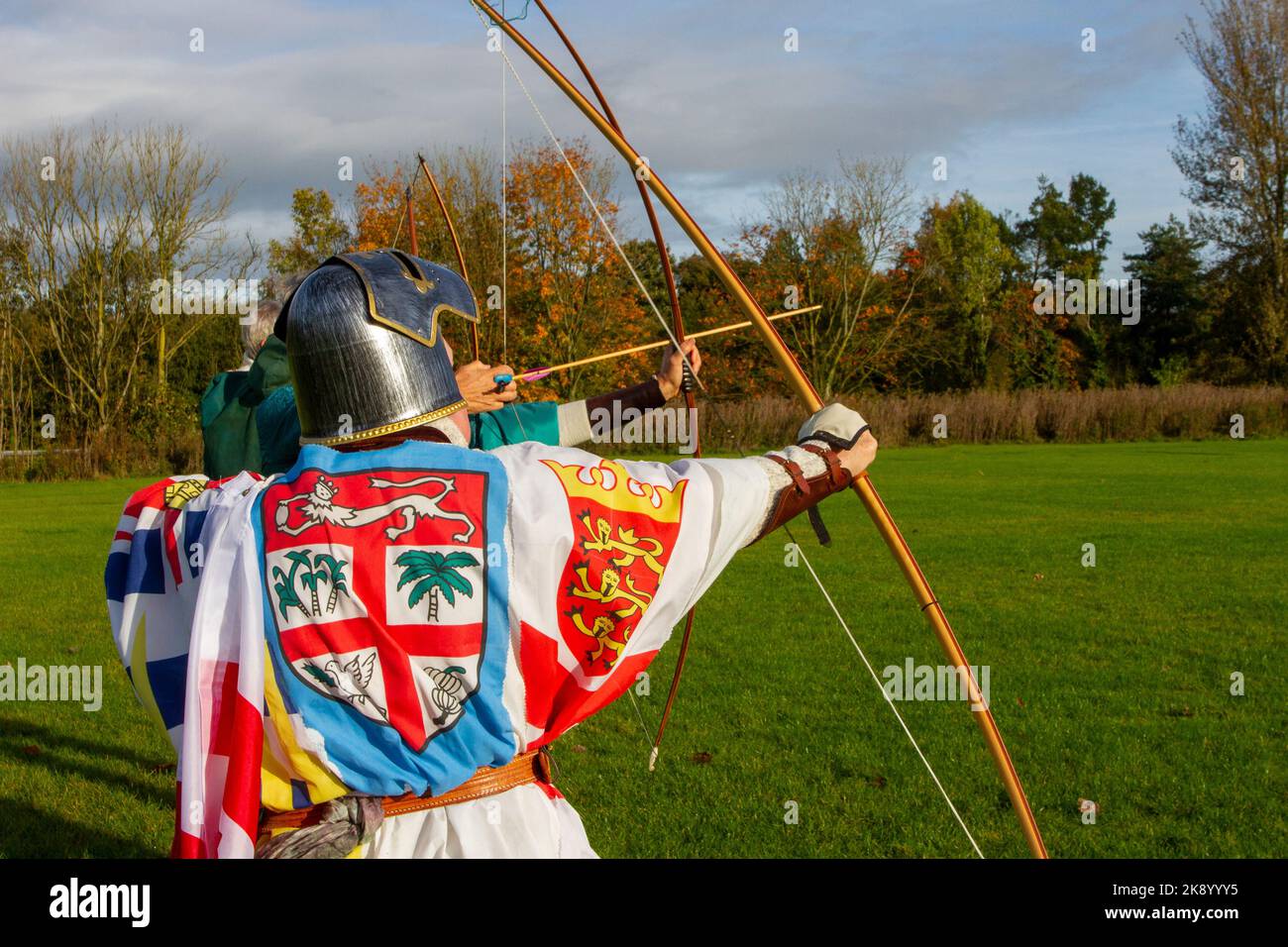 SAMLESBURY LONGBOW ARCHERS THE BATTLE OF AGINCOURT - 1415 reenactment. Traditional long bow archery shoot on of the battle anniversary in medieval dress, British Long-Bow Society (BLBS) event. Credit; MediaWorldImages/AlamyLiveNews Stock Photo