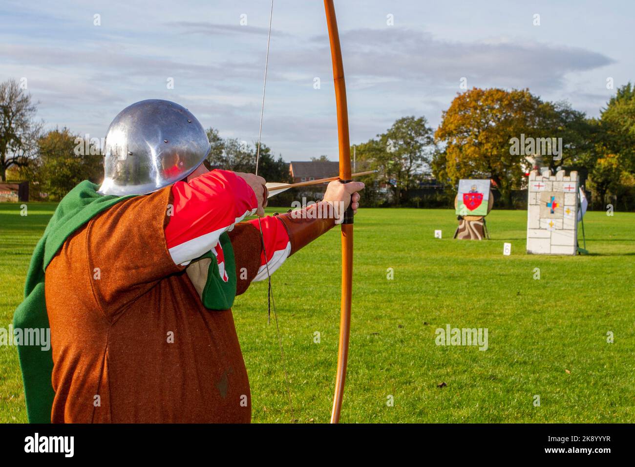 SAMLESBURY LONGBOW ARCHERS THE BATTLE OF AGINCOURT 1415 reenactment. Traditional long bow