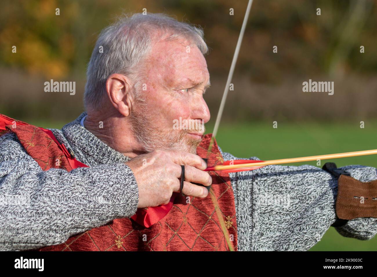 UK News Weather; Tuesday 25th October 2022. SAMLESBURY LONGBOW ARCHERS THE BATTLE OF AGINCOURT - 1415 reenactment. Traditional long bow archery shoot on of the battle anniversary in medieval dress, British Long-Bow Society (BLBS) event. Credit; MediaWorldImages/AlamyLiveNews Stock Photo