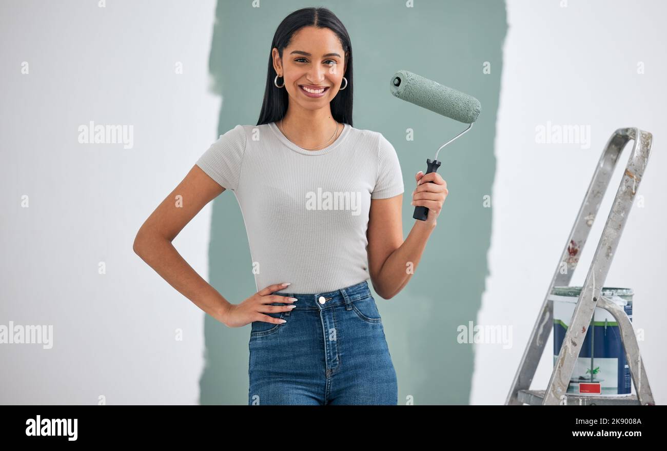 Home renovation, green paint or woman painting for room interior wall