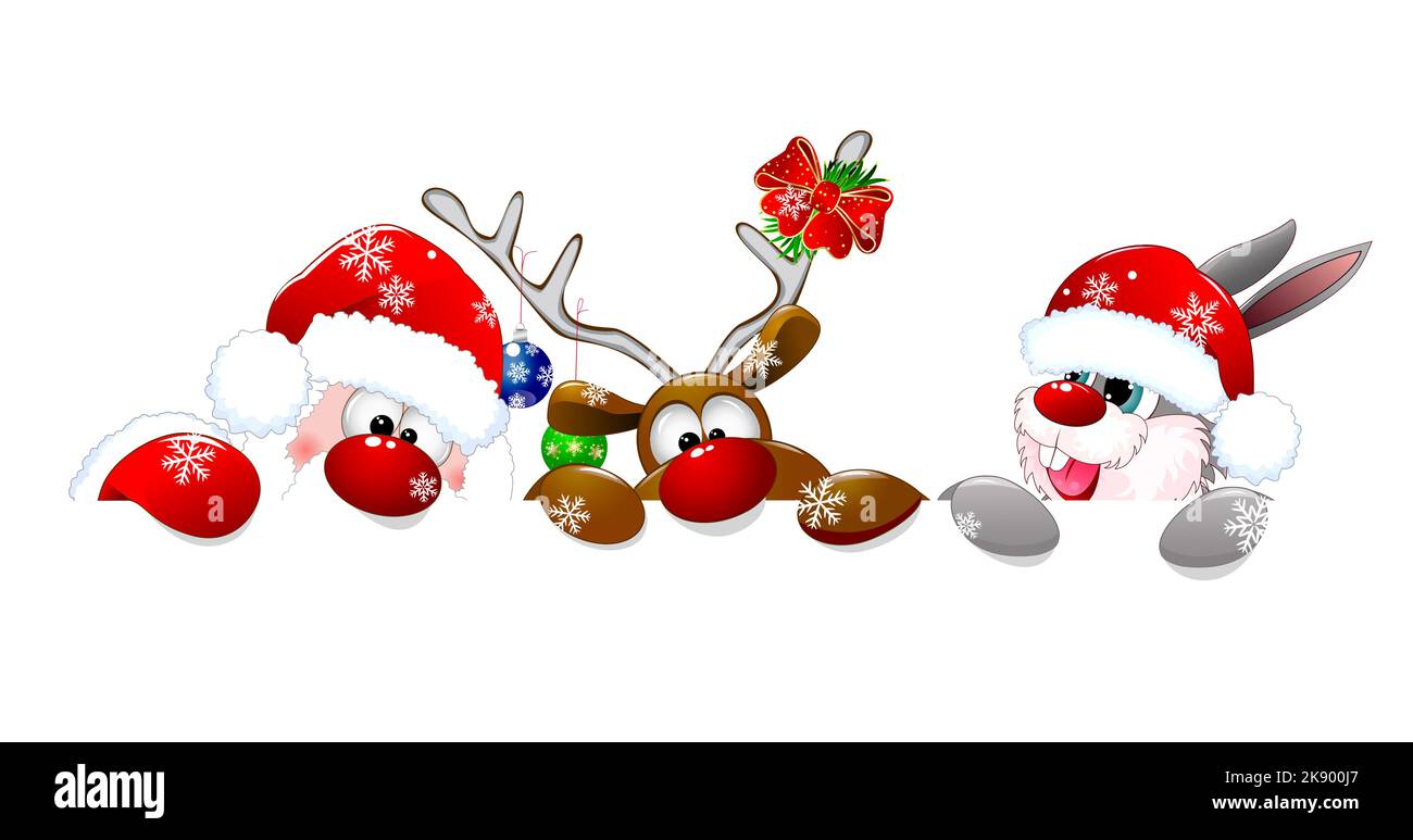 Santa Claus, deer and rabbit on a white background. The characters are dressed in Santa's hats and decorated with Christmas decorations. According to Stock Vector