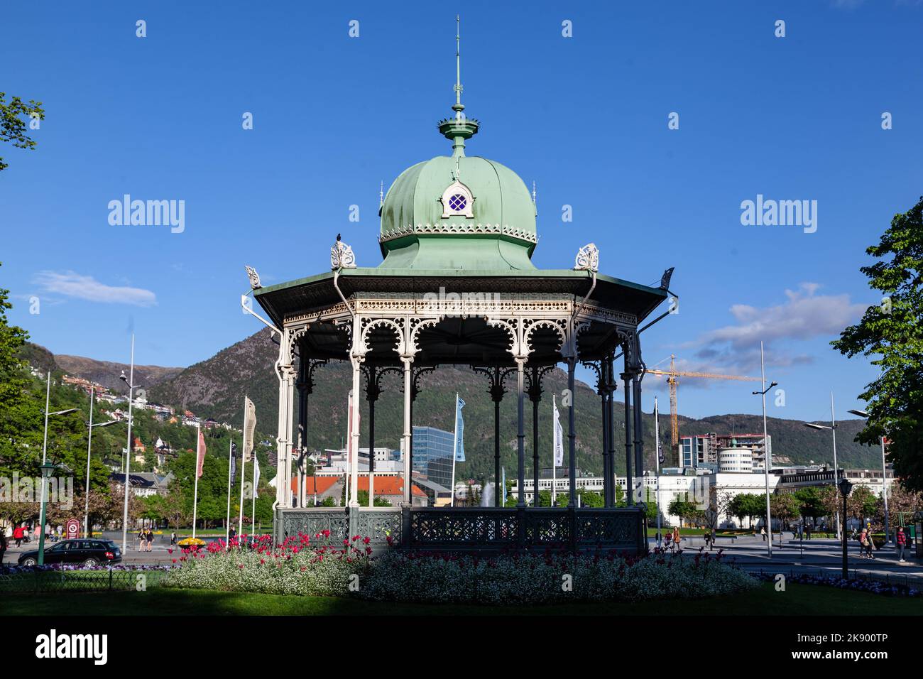 A green antique gazebo named Music Pavilion at Byparken in Bergen Norway Stock Photo