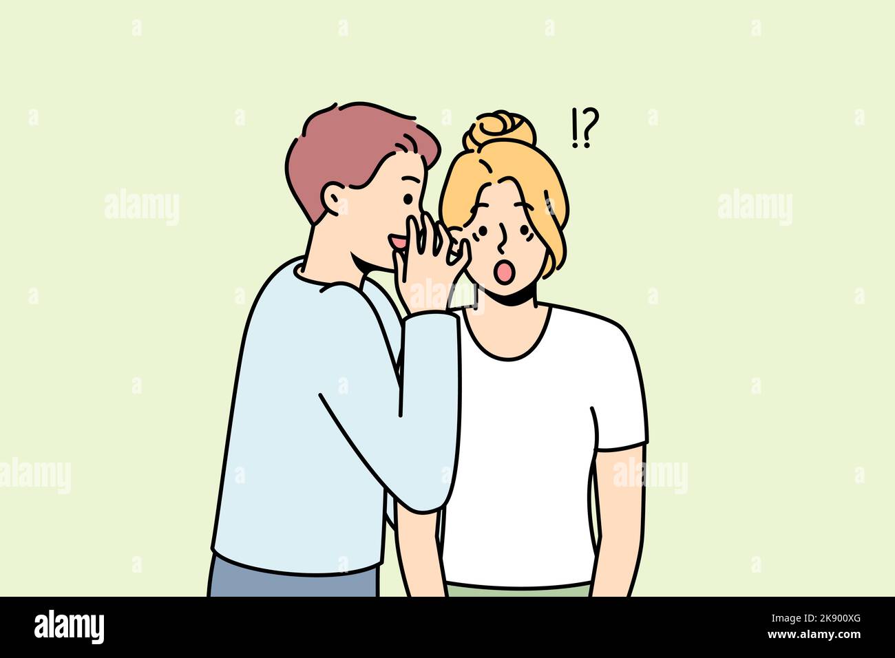Young man whisper secret to stunned woman ear. Male tell secret hidden information to astonished female. Secrecy and gossip. Vector illustration.  Stock Vector