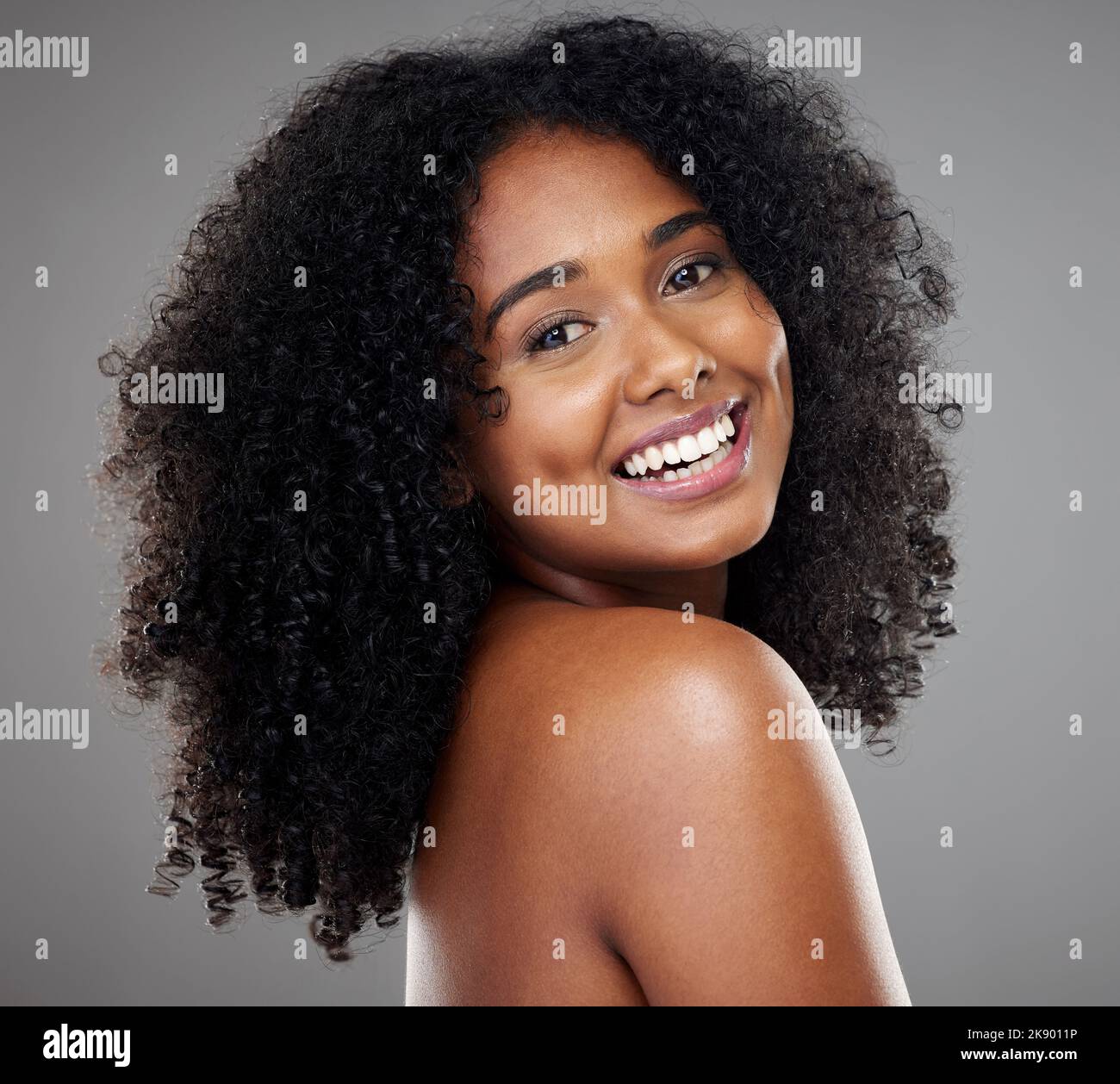 Black woman afro, beauty and smile for skincare, cosmetics or treatment
