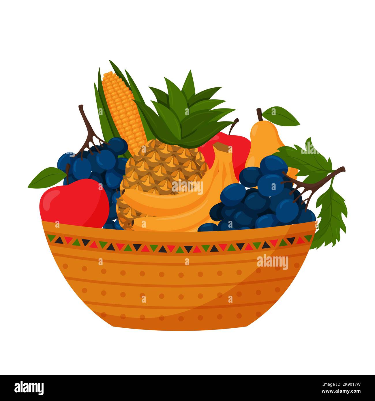 A bowl full of fruit. Pineapple, grapes, bananas, apples, pears and corn. Autumn harvest, vegetarian, farm products. Color vector illustration in cart Stock Vector