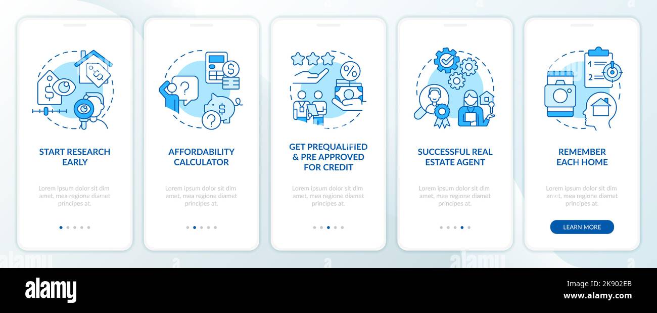 Homebuying steps blue onboarding mobile app screen Stock Vector