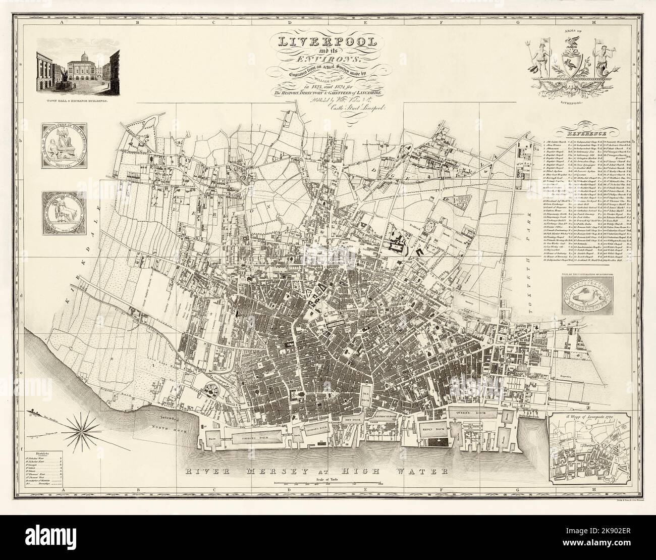 A map by William Swire of Liverpool created in 1824 as the city moved into the 19th century featuring a list of districts and landmarks. The docks stretch from Queens Dock in the south to the North Dock that became Waterloo Dock in 1834. Everton was a village of large houses and gardens for wealthy merchants and industrialists and clean air and views over the river. The map includes the Corporation of Liverpool coat-of-arms with a depiction of the liver bird. Bottom right features ‘A Mapp of Leverpoole 1720’, illustrating the town almost exactly a century earlier. Stock Photo