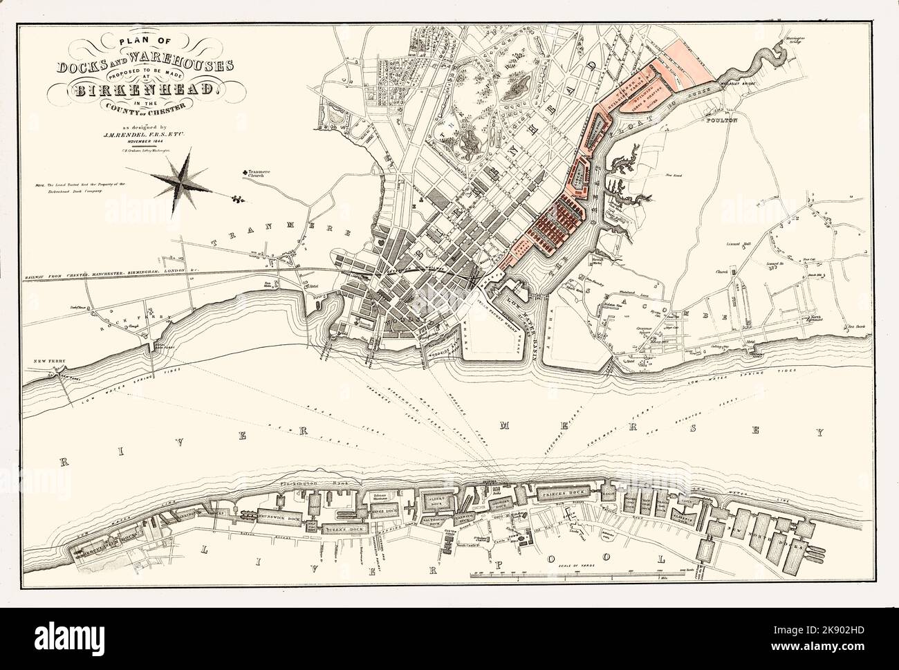 It was in 1824 that William Laird created a new town at Birkenhead, built a shipyard and the new town grew rapidly. In 1843 James Meadows Rendel made plans (marked in red)  for the docks and warehouses at Birkenhead, on the Wirral, on the opposite side of the River Mersey from Liverpool. The scheme was managed by the Birkenhead Dock Co until the financial crisis of 1847. In 1858 the Birkenhead Dock Estate was transferred to the Liverpool Dock Trustees, since recognised under the title of The Mersey Docks and Harbour Board who gained the rights to dock ownership and revenues. Stock Photo