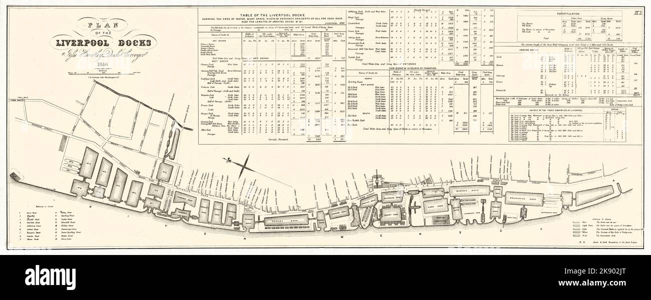 An 1846 plan of Liverpool Docks by designer and architect Jesse Hartley (1780-1860), Civil Engineer and Superintendent of the Concerns of the Dock Estate in Liverpool from 1824 to 1860. The Albert Dock is Hartley’s most famous legacy and displays some of his revolutionary ideas. They include sheet metal below the timber floorboards able to  withstand fire for 40 minutes unchecked. It was one of the first to have warehouses at the waters edge. The dock gates kept water at a constant level whatever the tide, allowing ships to berth at high tide, unload straight into the warehouse. Stock Photo