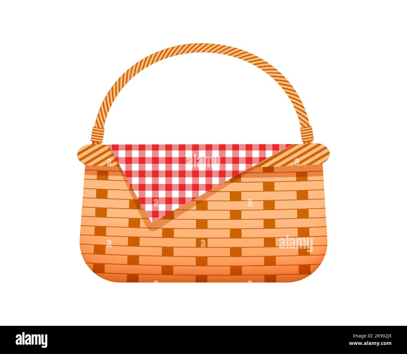 Empty wicker picnic basket with checkered cloth napkin. Hand woven willow hamper isolated on white background. Vector cartoon illustration. Stock Vector