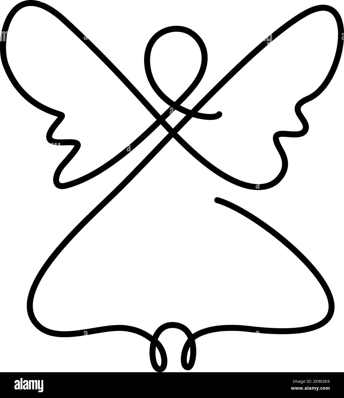 Simple vector Christmas angel with wings, continuous line drawing, small tattoo, print for clothes and logo design, emblem or silhouette one single Stock Vector
