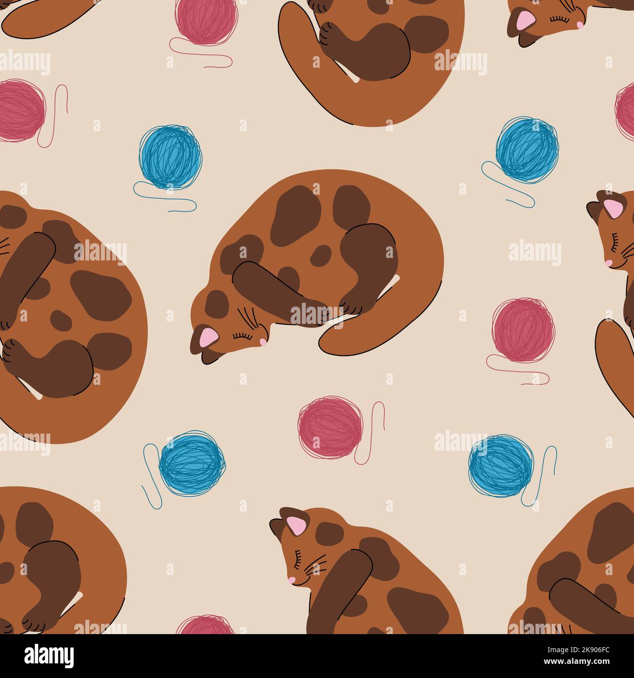 Seamless pattern with kittens and balls. Domestic cat with balls of thread. Background design for baby fabric, wallpaper or packaging. Stock Vector