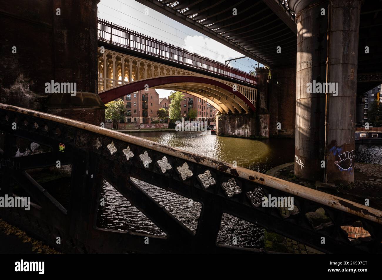 Castlefield in Manchester on the site of the old Roman fort, gatehouse and wall reconstructed, and the terminus point for the Bridgewater canal Stock Photo