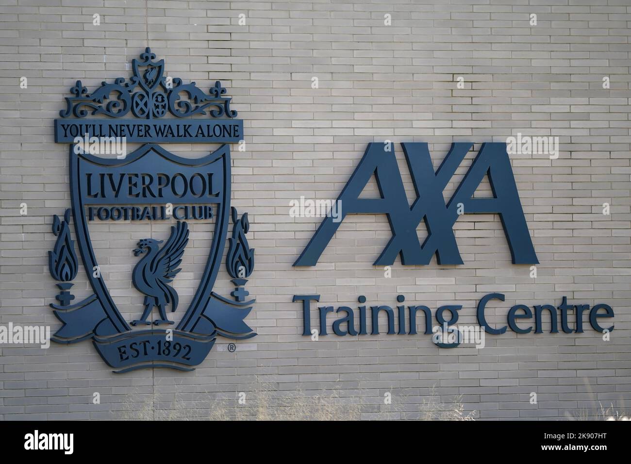 A general view of the Liverpool FC badge and AXA Training Centre sign at the AXA Training Centre, Liverpool. Picture date: Tuesday October 25, 2022. Stock Photo