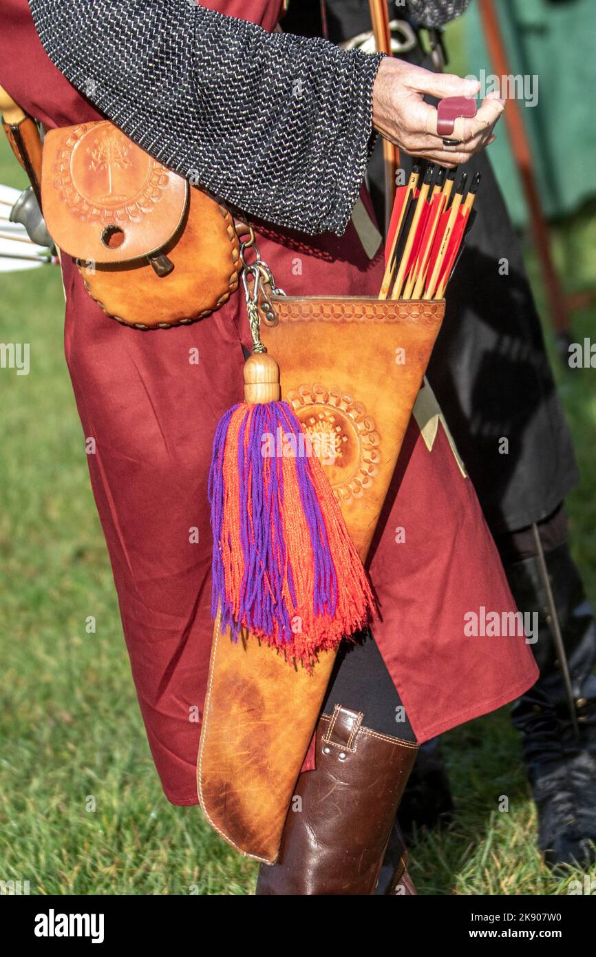 SAMLESBURY LONGBOW ARCHERS THE BATTLE OF AGINCOURT - 1415 reenactment. Traditional long bow archery shoot on of the battle anniversary in medieval dress, British Long-Bow Society (BLBS) event Stock Photo