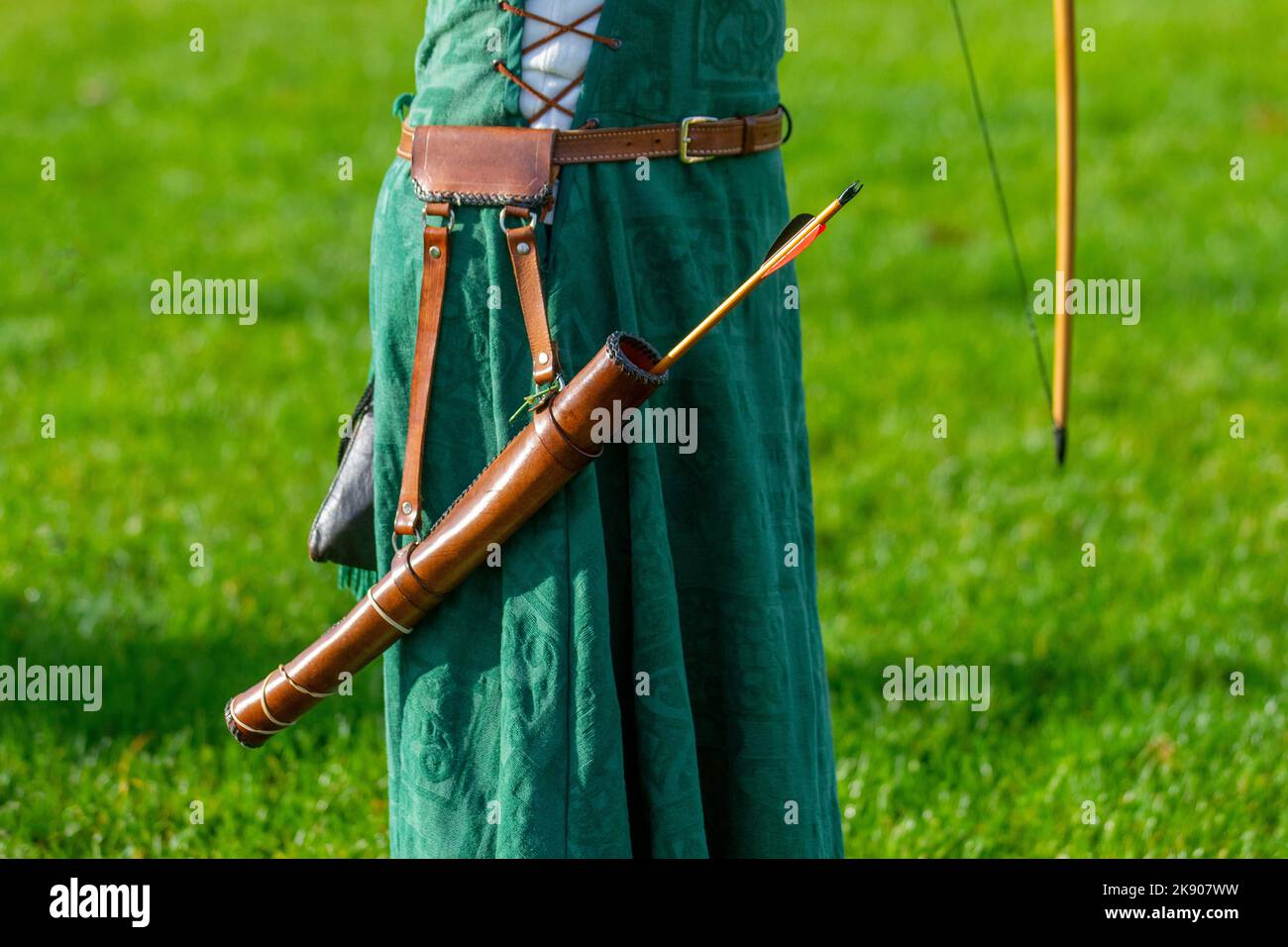 SAMLESBURY LONGBOW ARCHERS THE BATTLE OF AGINCOURT - 1415 reenactment. Traditional long bow archery shoot on the battle anniversary in medieval dress, British Long-Bow Society (BLBS) event Stock Photo