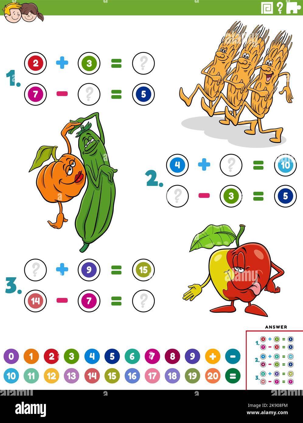 Cartoon illustration of educational mathematical addition and