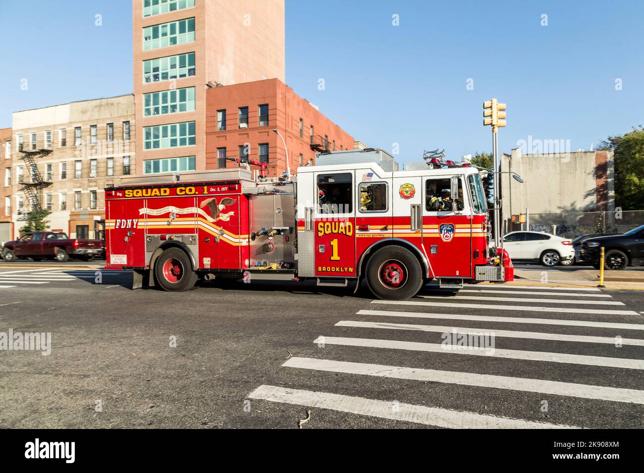 NEW YORK CITY, USA - OCT 20, 2015: fire brigade car at the street in Brooklyn, New York, USA. The car belongs to Squad 1 fire department, New York. Stock Photo