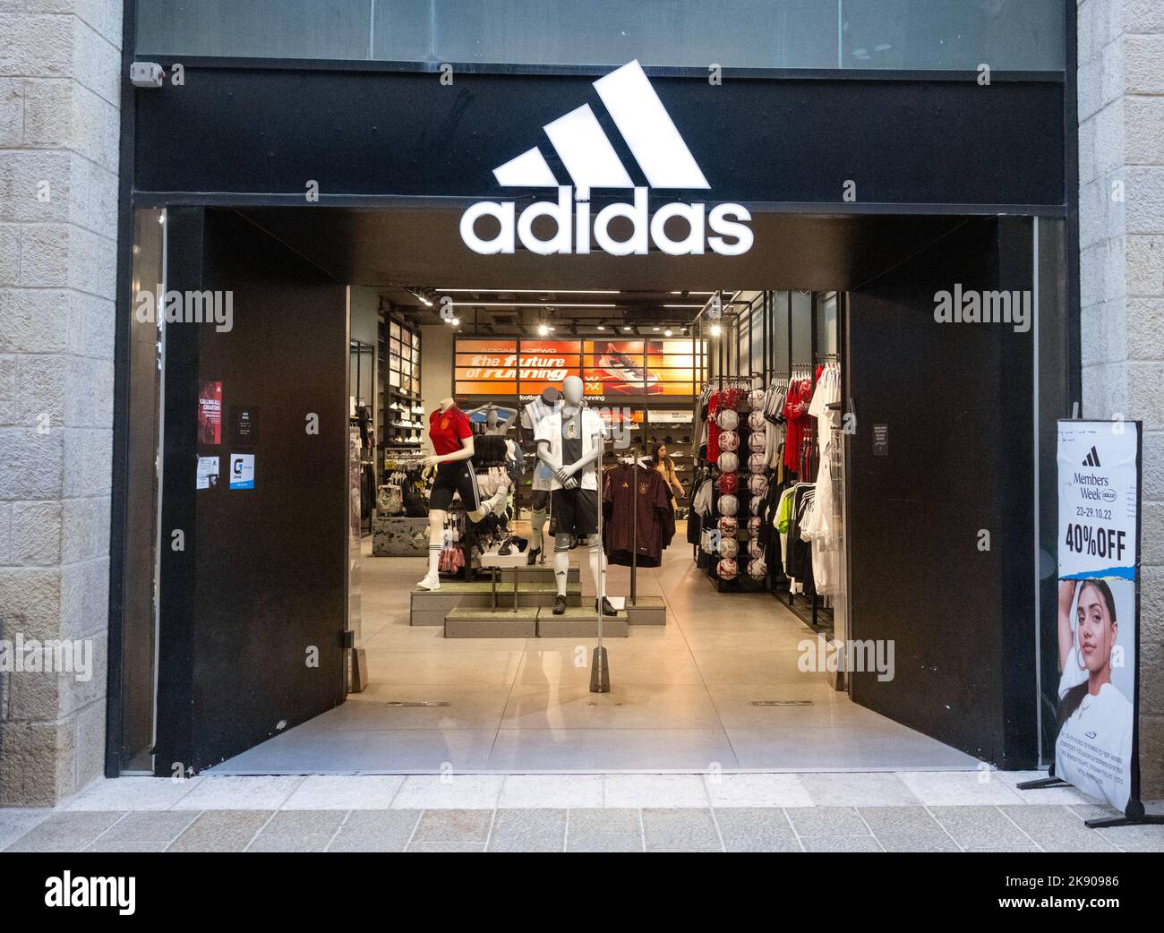 Adidas retail store in Mamilla Mall in Jerusalem, Israel on Tuesday,  October 25, 2022. Adidas announced “After a thorough review, the company  has taken the decision to terminate the partnership with Ye [