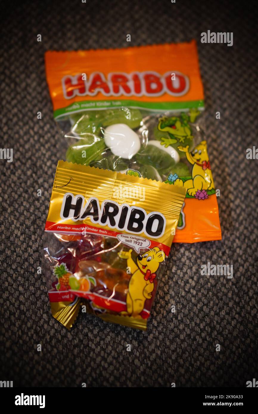 A closeup shot of Haribo candy bags Stock Photo