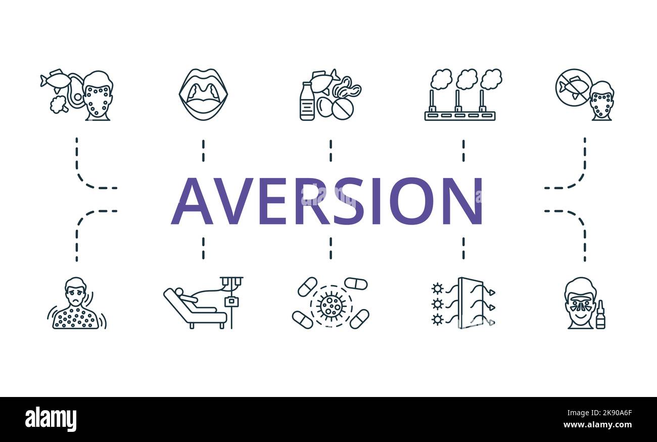 Aversion icon set. Monochrome simple Aversion icon collection. Food Allergy, Adenoids, Allergen, Air Pollution, Elimination Diet, Anaphylaxis Stock Vector