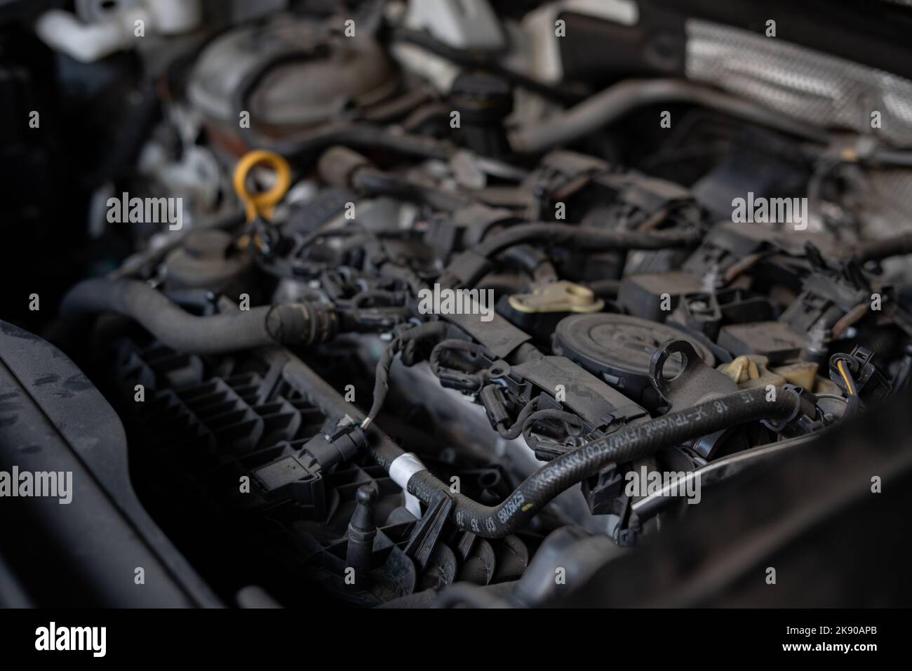 Car motor under the hood Stock Photo Alamy