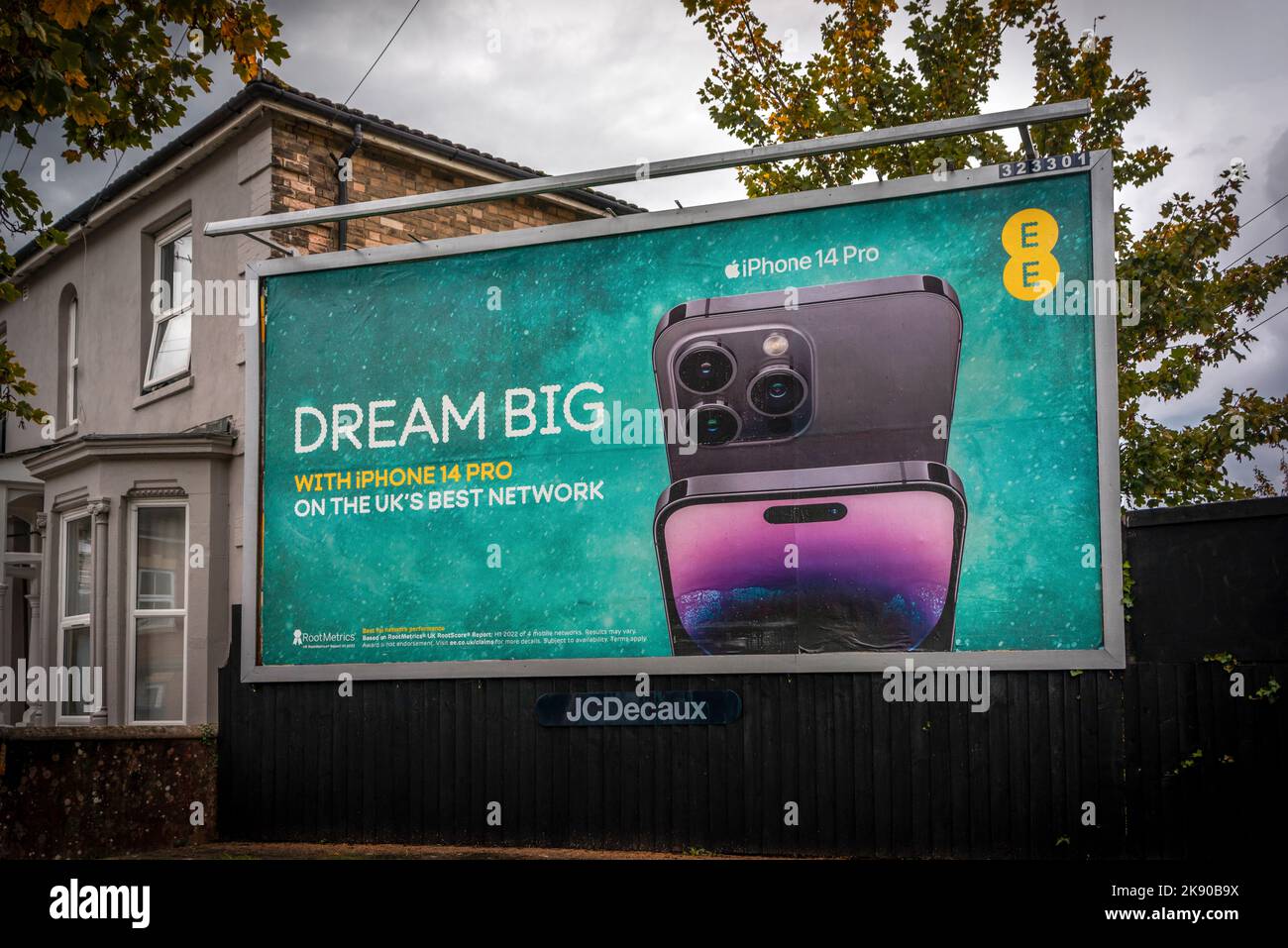 Dream Big new Apple iPhone 14 Pro large advertising billboard for EE mobile network provider during 2022, England, UK Stock Photo