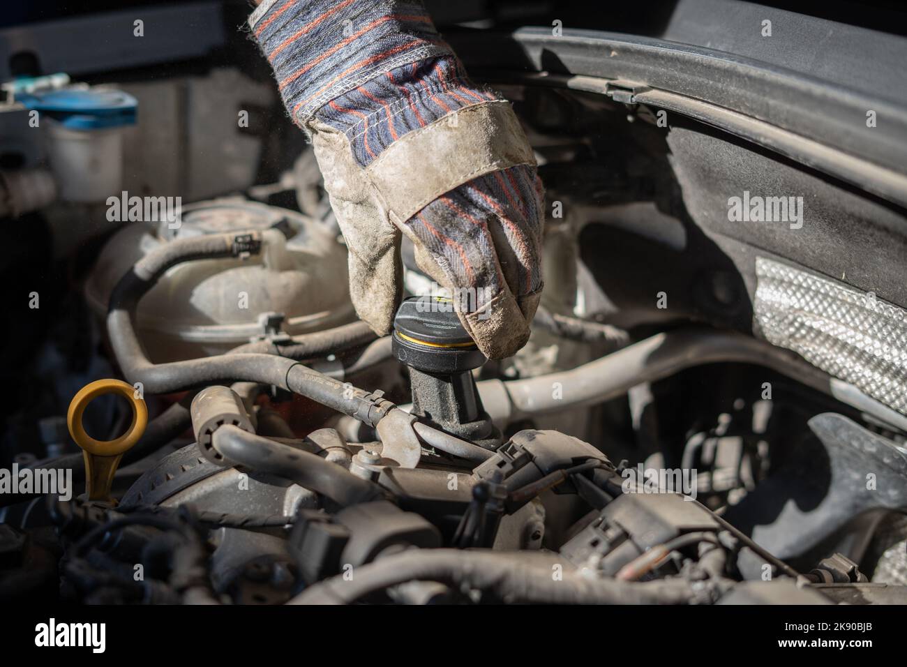 Motor oil reservoir under the hood Stock Photo Alamy