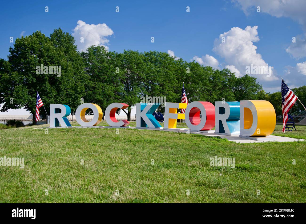 A large colorful Welcome to Rockford sing in downtown Rockford Stock ...