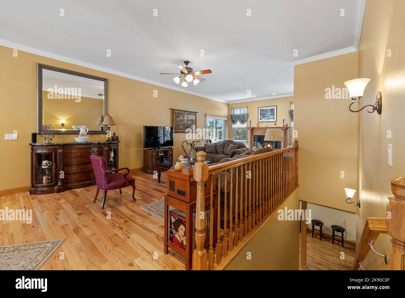 A beautiful rustic house living room interior with wooden decorations