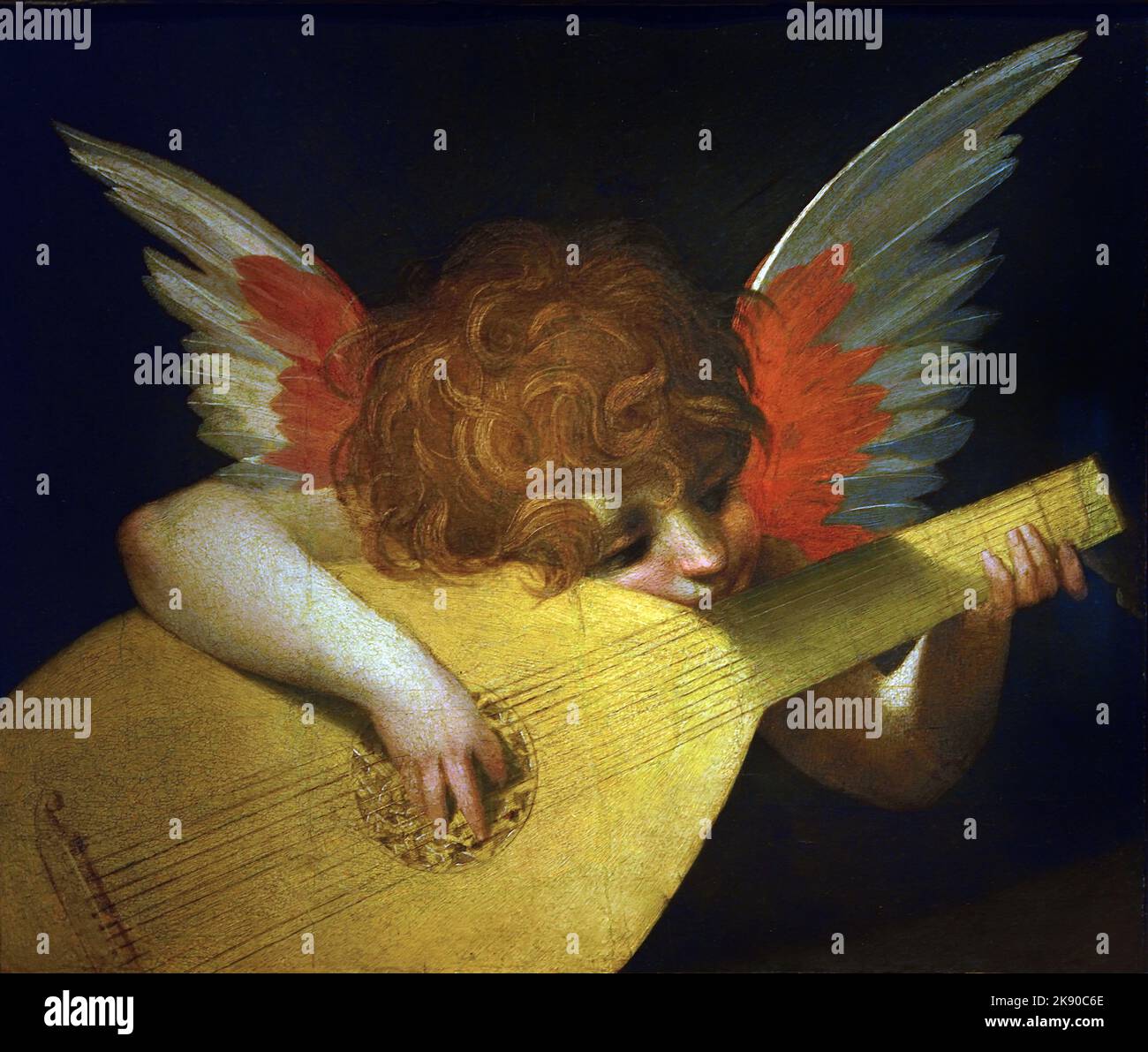 Angel playing the lute by  Giovanni Battista di Jacopo, known as Rosso Fiorentino (Firenze 1495 – Parigi 1540) , Florence, Italy. ( Child angel plucking the strings of a lute, ) Stock Photo