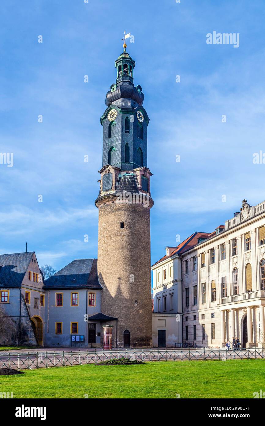 WEIMAR, GERMANY - DEC 19, 2015: city castle Weimar under blue sky. The design of the castle, built as a residence for the Duke of Saxe-Weimar-Eisenach Stock Photo