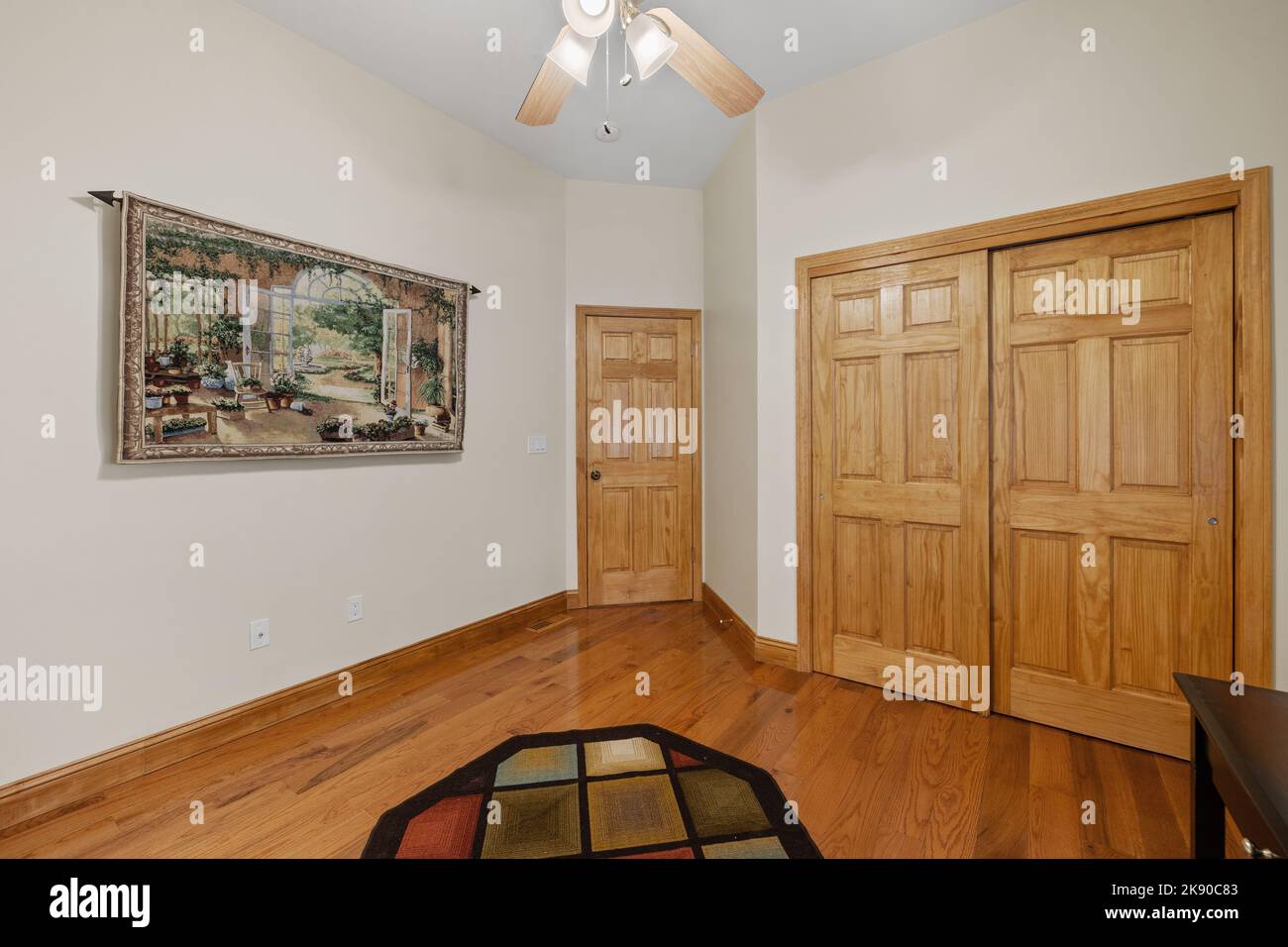 A rustic house interior of a hallway with wooden closet doors and a