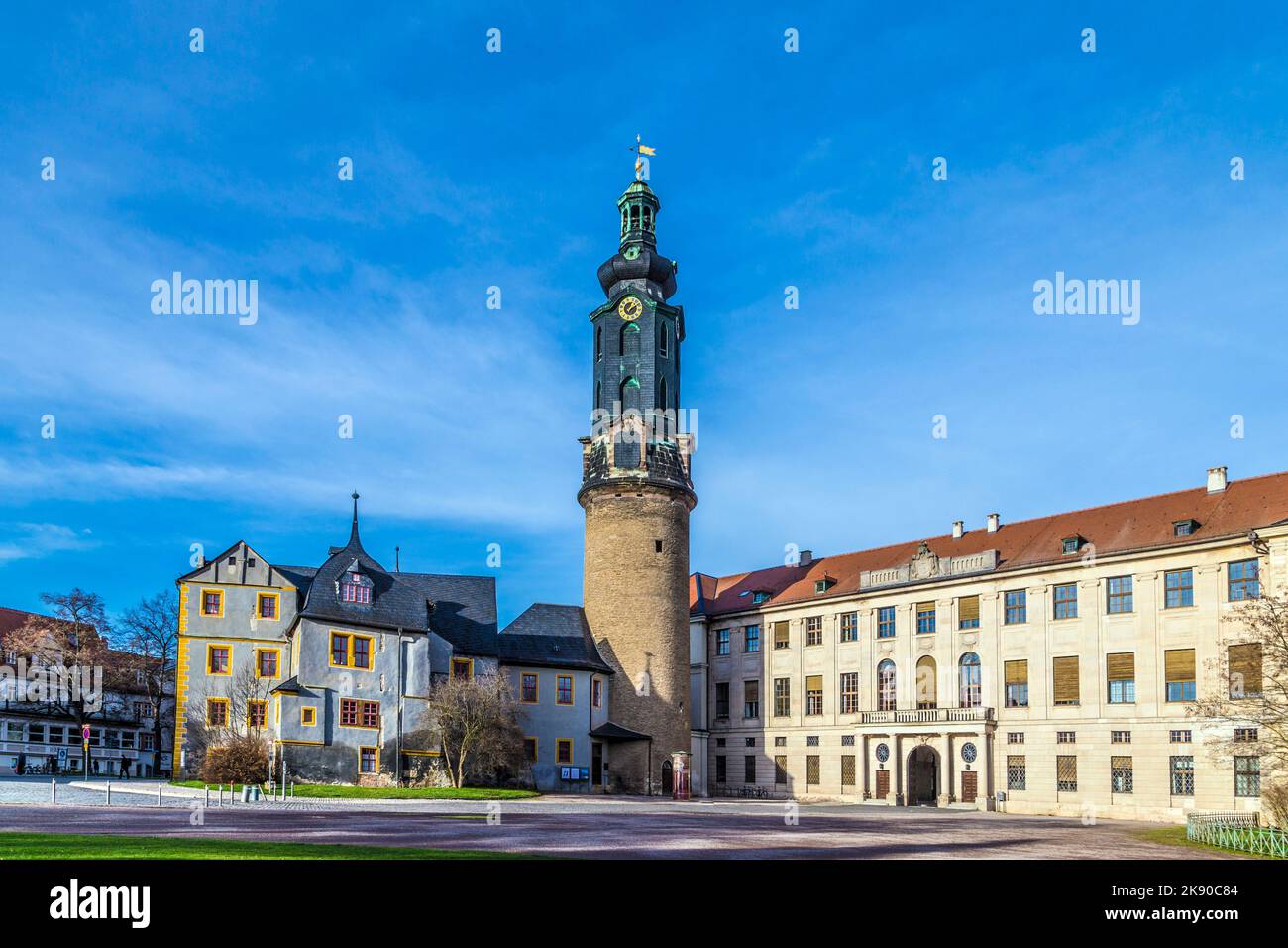 WEIMAR, GERMANY - DEC 19, 2015: city castle Weimar under blue sky. The design of the castle, built as a residence for the Duke of Saxe-Weimar-Eisenach Stock Photo