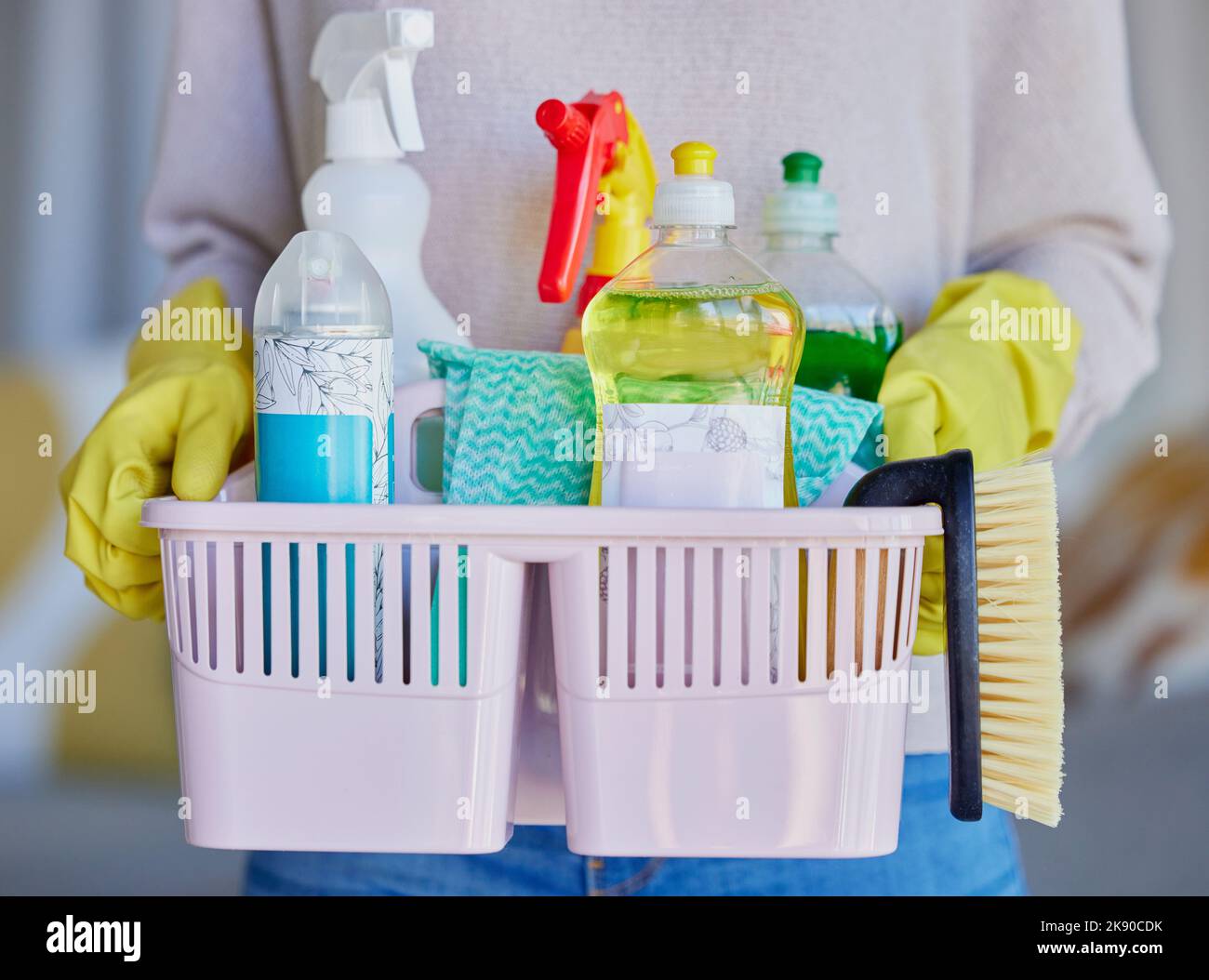 Woman, hands or cleaning container of housekeeping products for home cleaner service, maid or hotel worker. Spray bottle zoom, brush or fabric cloth Stock Photo