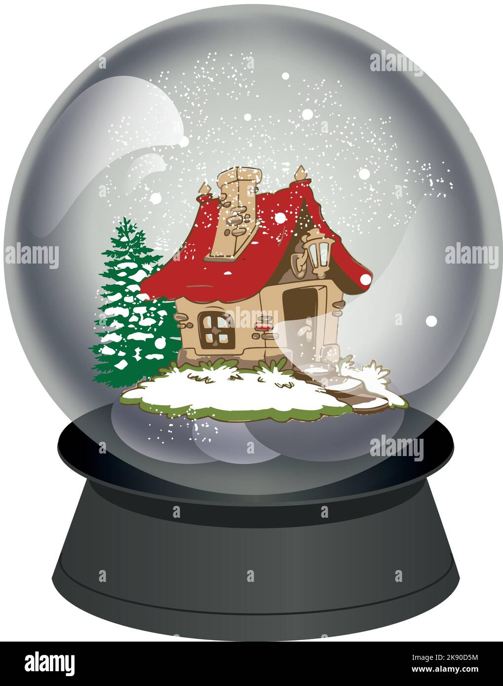 Crystal ball, snow globe with snowy fir tree and house inside, falling ...